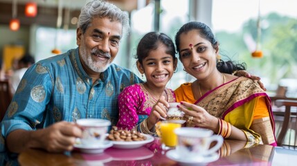 Obraz premium Cheerful Indian family enjoying tea or coffee together, looking at the camera