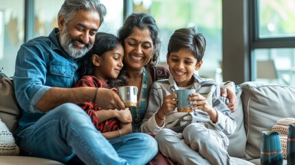  Cheerful Indian family enjoying tea or coffee together, looking at the camera