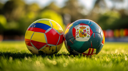 Fototapeta premium Colorful Soccer Balls Representing Colombia and Spain Resting on Lush Green Grass in Bright Outdoor Setting