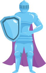 Proud medieval knight character wearing armor holding shield and standing in guard pose