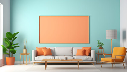 Modern family room vibrant color scheme with empty frame