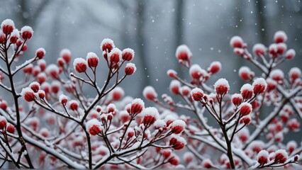 Red rhododendron flowers covered with snow in winter.