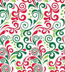 Christmas Swirls Seamless Pattern- Red, Green, and White Swirls- Christmas Vector Illustration