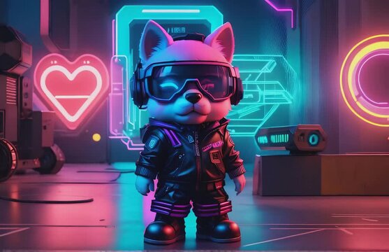 slowmotioncyberpunk small figure with dog head and vr glasses standing cute chibi synthwave seamless loop animation