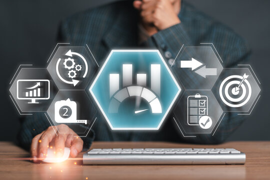 Business professional analyzing benchmarking concept with digital interface, performance metrics, and strategic planning icons.