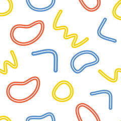 Fototapeta premium Fun colorful line doodle seamless pattern on white background. Creative minimalist style art background for children or trendy design with basic shapes.