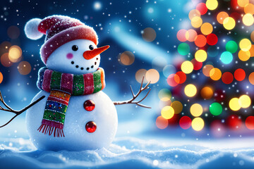 Snowman standing in the foreground, with a Christmas tree adorned with colorful lights and ornaments in the background.