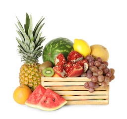 Many different fresh fruits in wooden crate isolated on white