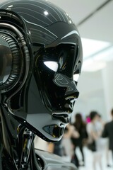 Fototapeta premium Sleek Robot Head with Glowing Eyes in a Blurred Room