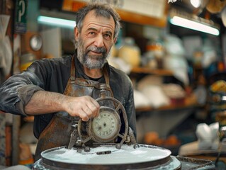 man, wearing a leather apron, works at his market stall, carefully weighing sugar on an antique scale.