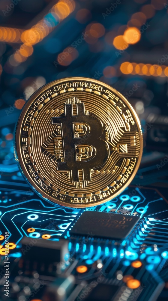 Poster Golden bitcoin on circuit board with bokeh lights, digital currency concept