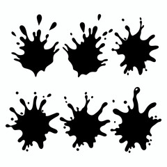 Set of water splashes or drops, black ink splatter, dirt stain spatter, spray, and boots silhouette. Natural black splash cascade vector.