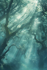 Whispers of the Ethereal Forest in Misty Embrace with Ancient Trees and Luminescent Moss