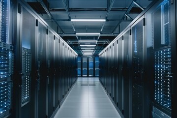 Fototapeta premium Modern Data Center: Rows of Server Racks with Blue Lights