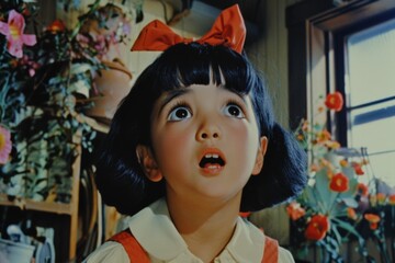 Curious Child Looking Up, Brightly Lit Room with Potted Plants and Colorful Flowers