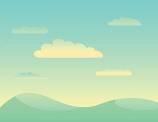 Obraz premium Beautiful landscape illustration featuring green rolling hills stretching under a turquoise sky with puffy clouds