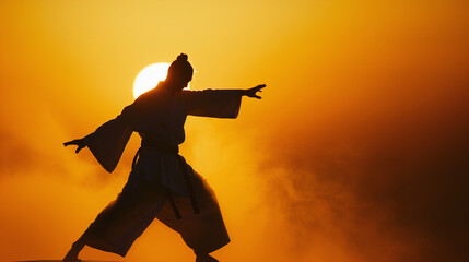 an Aikido master’s silhouette in mid-motion, set against the backdrop of a breathtaking early morning sky