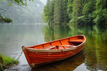 Obraz premium Old Red Boat on Calm Lake, Nestled Among Trees