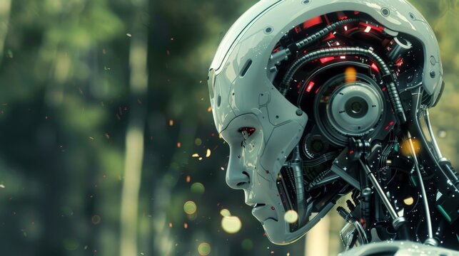 High-tech Robot Head in a Blurred Forest Environment