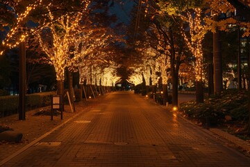 Nighttime Walkway Illuminated by Festive Lights