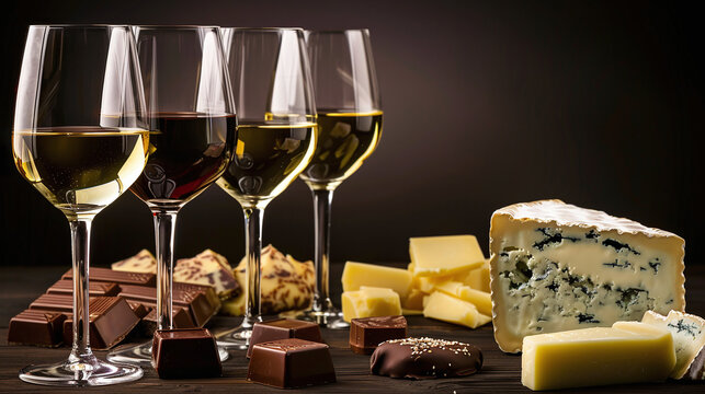 chocolates, wine glasses, and a selection of fine cheeses, showcasing a complete tasting experience