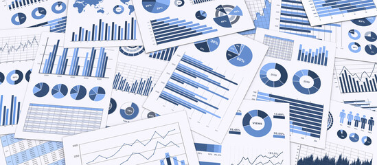 ビジネス資料、ビジネスデータをプリントした複数の資料