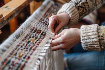 Woman working on intricate hand-woven tapestry