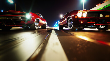Obraz premium tense moment before the drag race begins, with two powerful cars poised at the start line