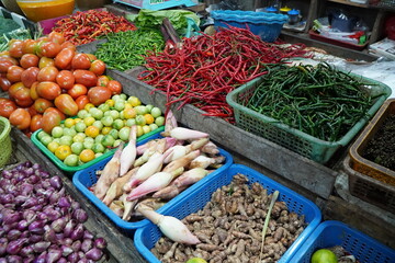Various spices or herbs and vegetables sold in Indonesian traditional markets
