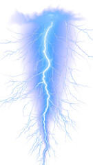 A powerful lightning bolt strikes through a dark blue sky, creating a dramatic and electrifying visual.