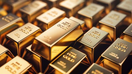 Close-up view of multiple gold bars stacked together, creating an impression of wealth, investment, and financial security.