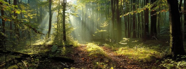 Serene Forest Path Illuminated by Sunlight