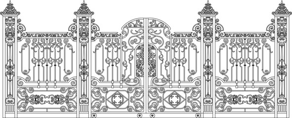 Sketch vector illustration silhouette design drawing detail architectural construction gate old iron fence classic vintage ethnic traditional