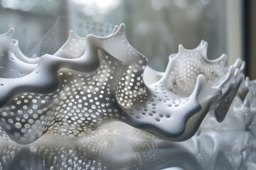 Modern Abstract Sculpture with Hole Pattern, set against a blurred background.