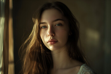 Intimate Portrait of a Young Woman with Long Brown Hair and Striking Green Eyes, Bathed in Soft Sunlight