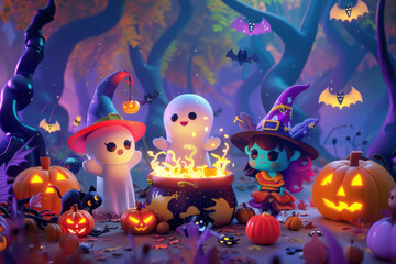 Cute Halloween Characters Gather Around Cauldron in Enchanted Forest
