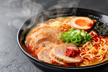 Delicious bowl of ramen featuring tender pork, soft-boiled egg, green onion, and rich broth, served hot with steam rising.