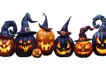Row of Animated Pumpkins with Witch Hats and Unique Carvings