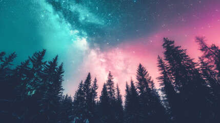 Fototapeta premium Vibrant night sky showcases a stunning display of stars and colorful auroras framed by towering silhouettes of pine trees.