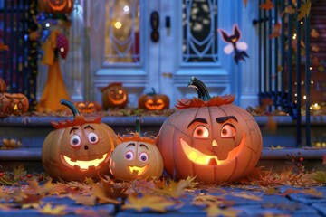 Animated Pumpkins with Expressive Faces on a Doorstep