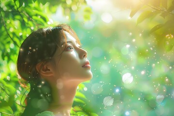 Fototapeta premium Contemplative Woman in a Blurred Garden