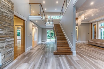 Modern Two-Story Home Interior with Wooden Floors and Staircase
