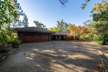 Modern Residential Driveway with Tree-lined Street and Clear Sky