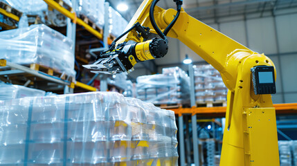 a palletizing robot's arm carefully lowering a secured pallet wrapped in plastic film