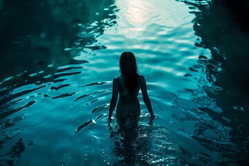 Fototapeta premium Woman Contemplating in Calm Lake at Dusk