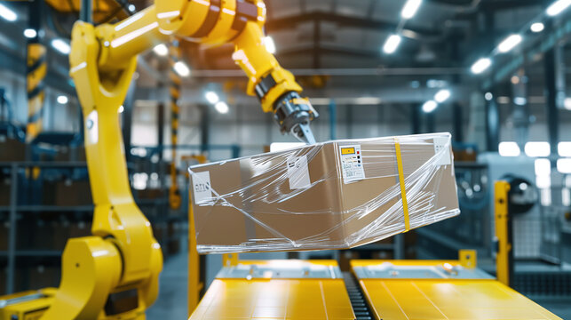 a palletizing robot's arm carefully lowering a secured pallet wrapped in plastic film