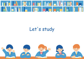 勉強する子供達と本棚