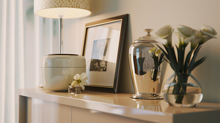 a cremation urn alongside meaningful keepsake items, such as a framed photograph, a folded letter, and a flowe