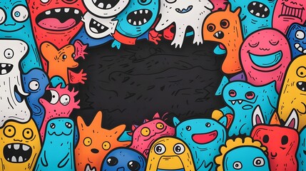 A colorful cartoon drawing of various monsters and faces. The drawing is a collage of different characters, with some of them having mouths open and others with their mouths closed