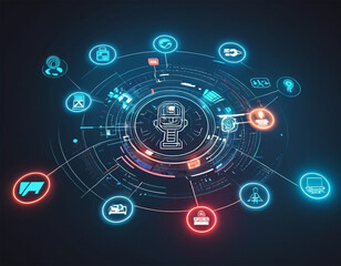 Obraz premium AI tech connects icons for smart industry, automation, and futuristic innovation. Global network.